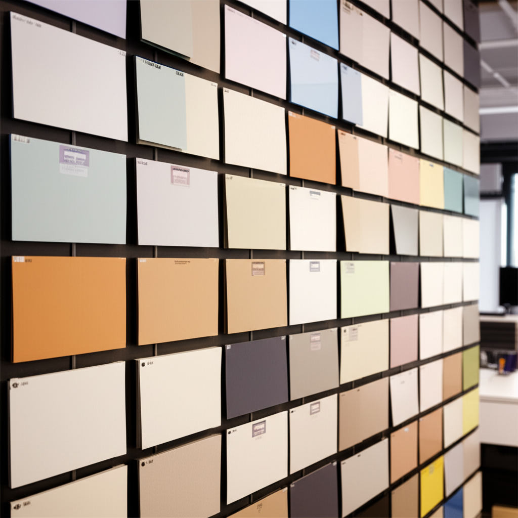 精裝盒樣紙牆：多種灰板厚度、裱紙與紋理展示