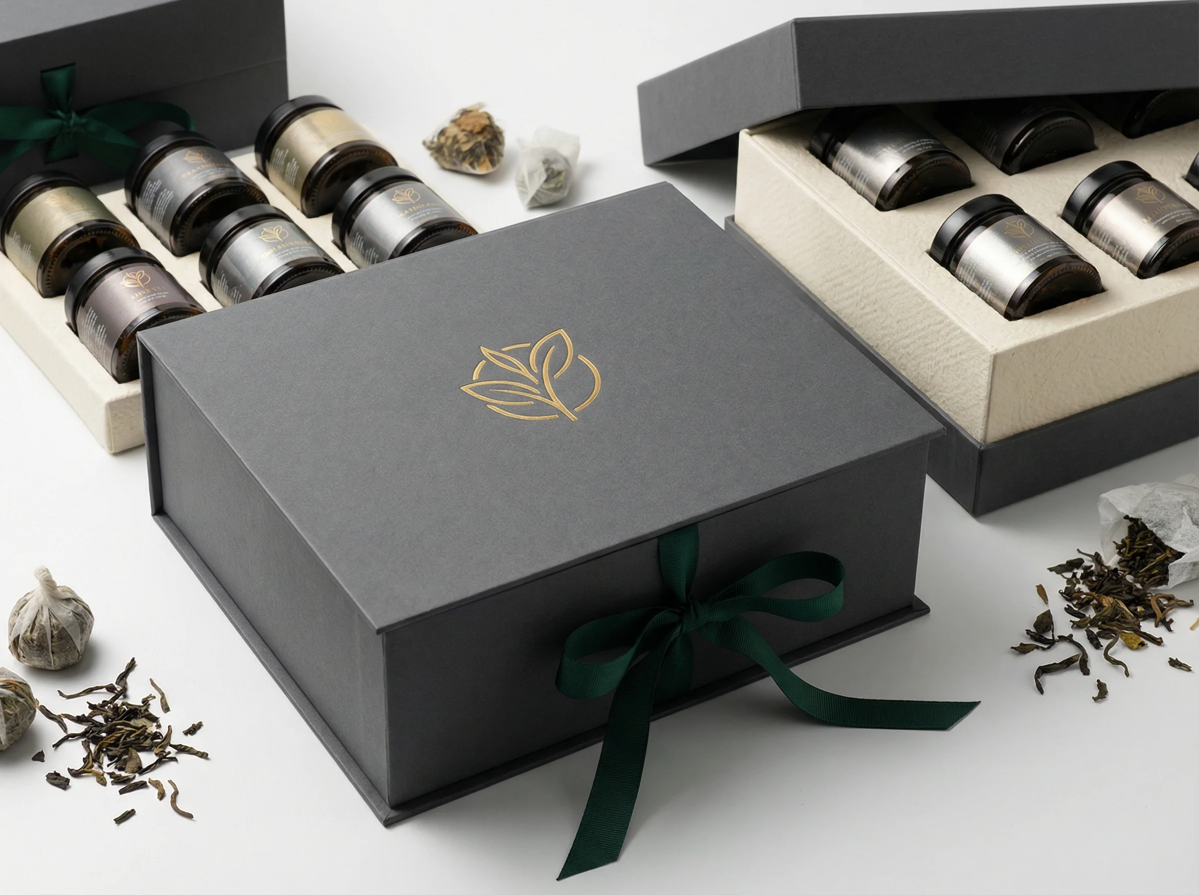 Premium lid-and-base rigid paper gift box with gold foil stamping for tea brand packaging.