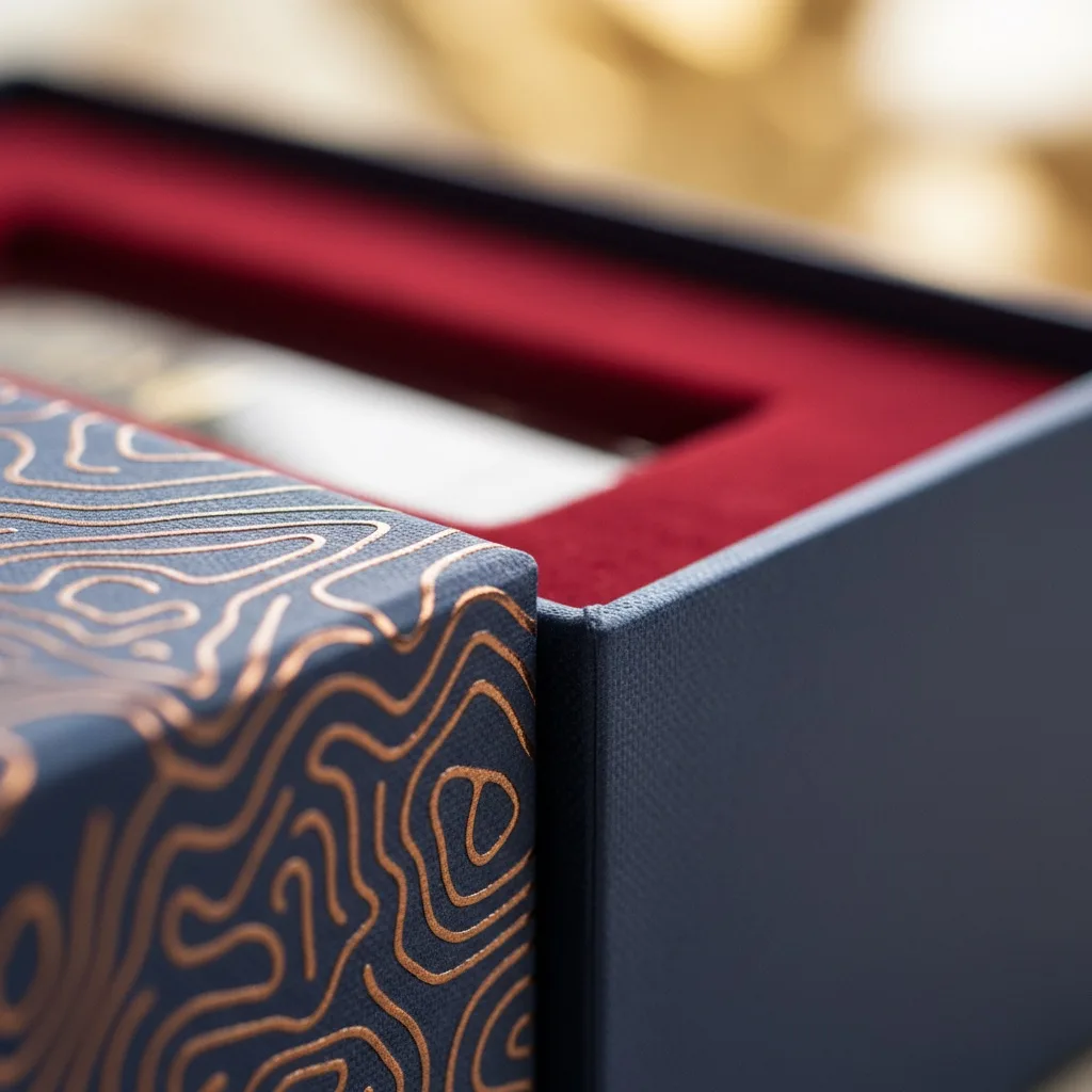 精裝盒包覆紙材與內襯細節示意