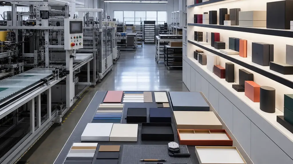 精裝盒工廠自動化貼盒生產線 + 樣品展示牆,呈現專業設備與品質管控